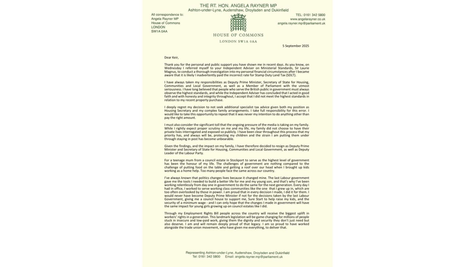 Angela Rayner’s resignation letter in full – and Sir Keir Starmer’s response | Politics News